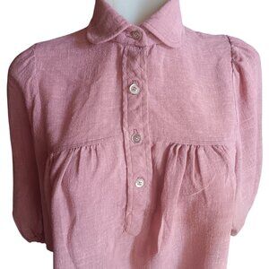 Small Vintage Peasant Blouse Top 1970's Boho Pink Linen Puff Sleeves Cracker